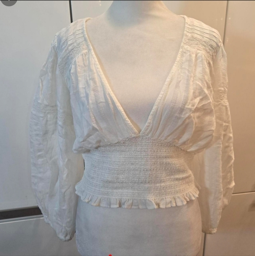 Cotton Plunge V Neck Eyelet Boho Peasant Stretch Crop Top White Medium Womens